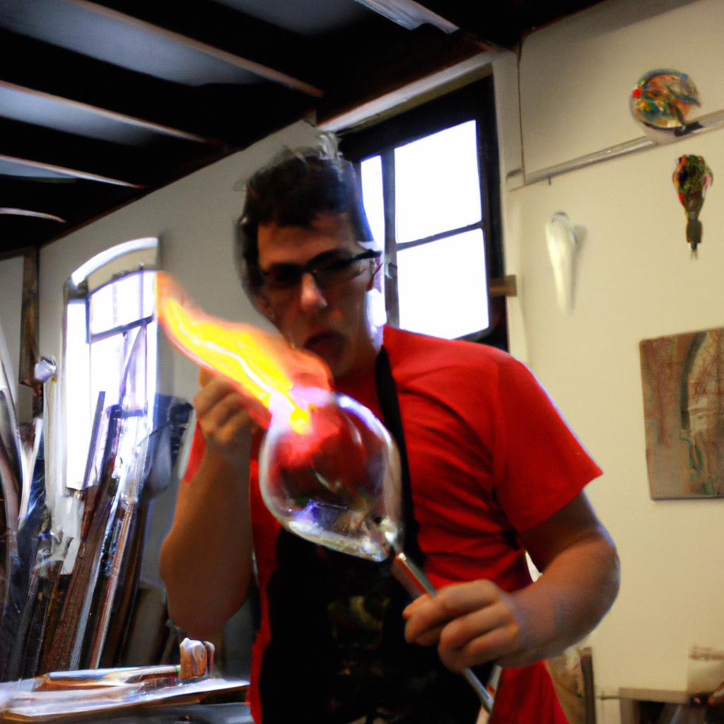 Person blowing glass in gallery