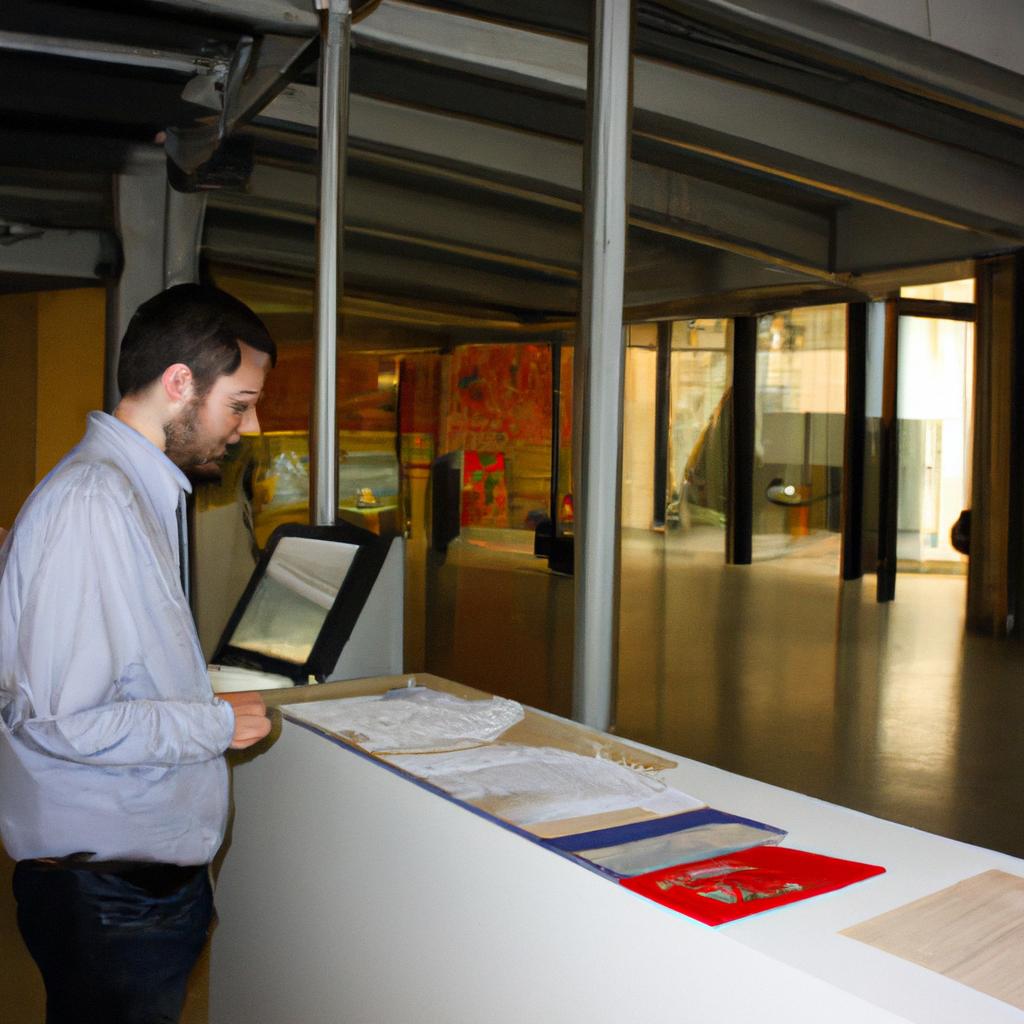 Person managing finances in gallery