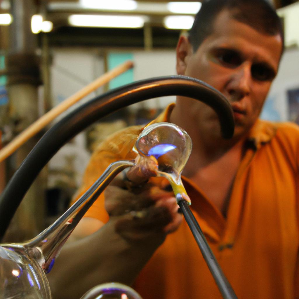 Person blowing glass, demonstrating technique