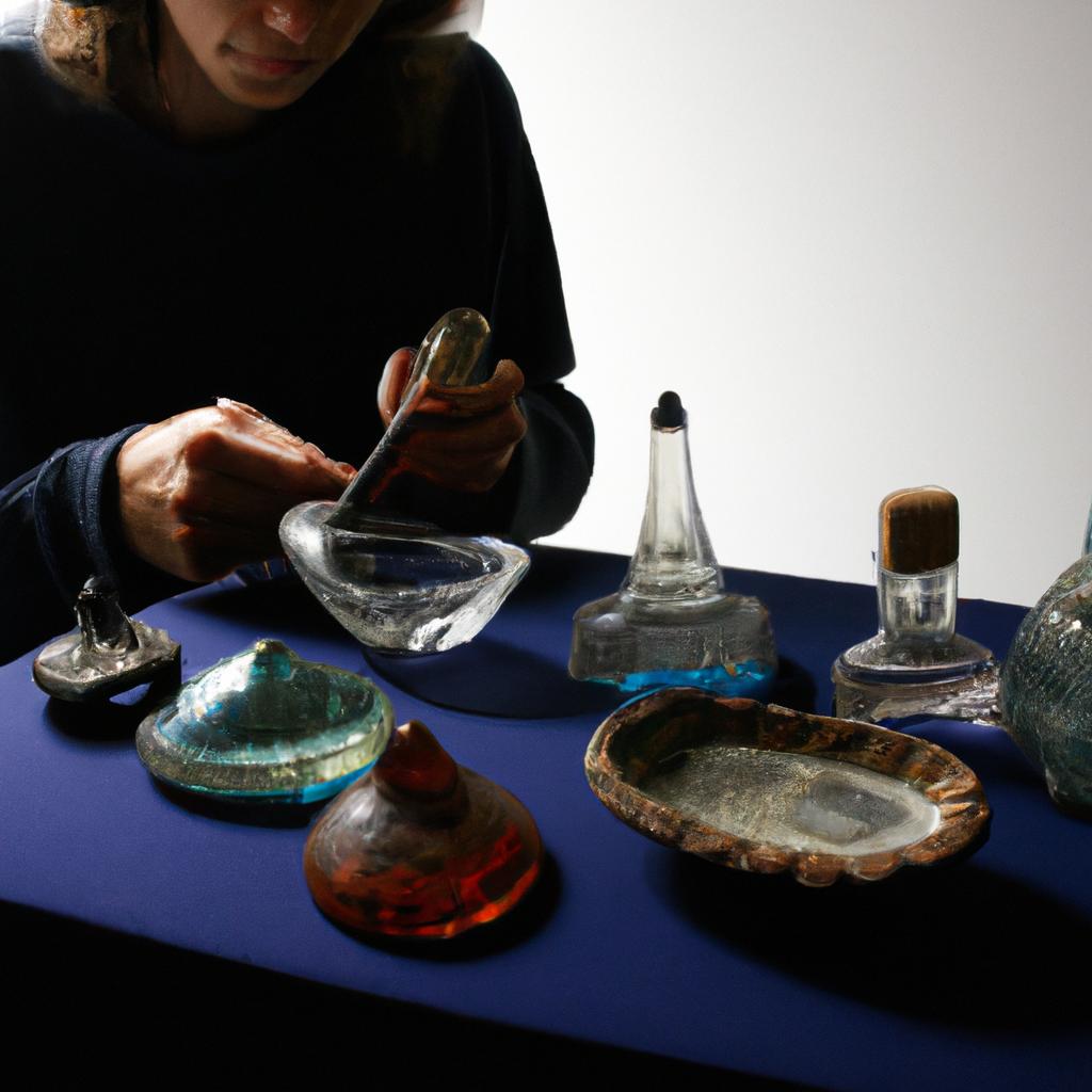 Person studying ancient glass artifacts
