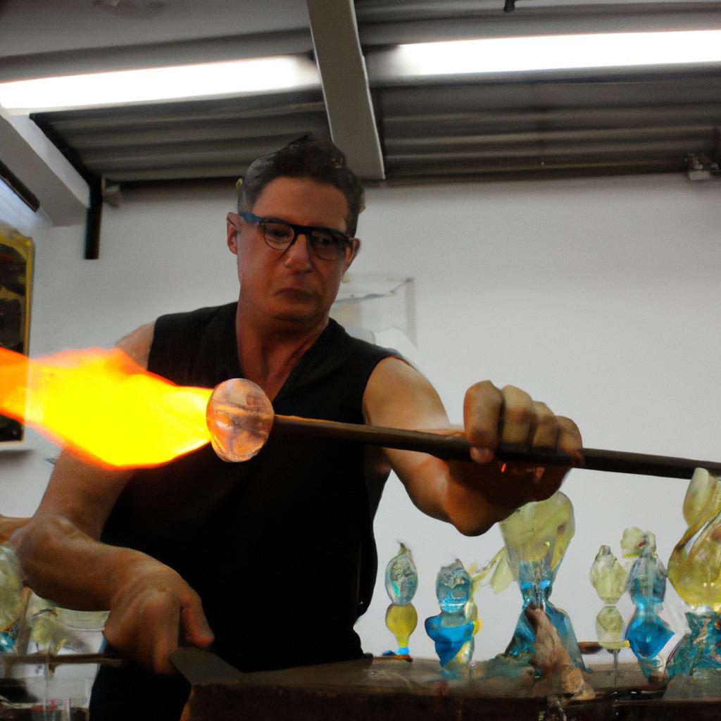 Person sculpting glass at gallery